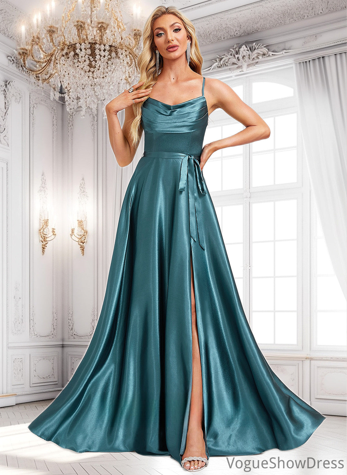 Lisa A-line Cowl Floor-Length Stretch Satin Bridesmaid Dress With Ruffle DLP0025781