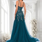 Holly Trumpet/Mermaid V-Neck Sweep Train Tulle Prom Dresses With Sequins Appliques Lace DLP0025853