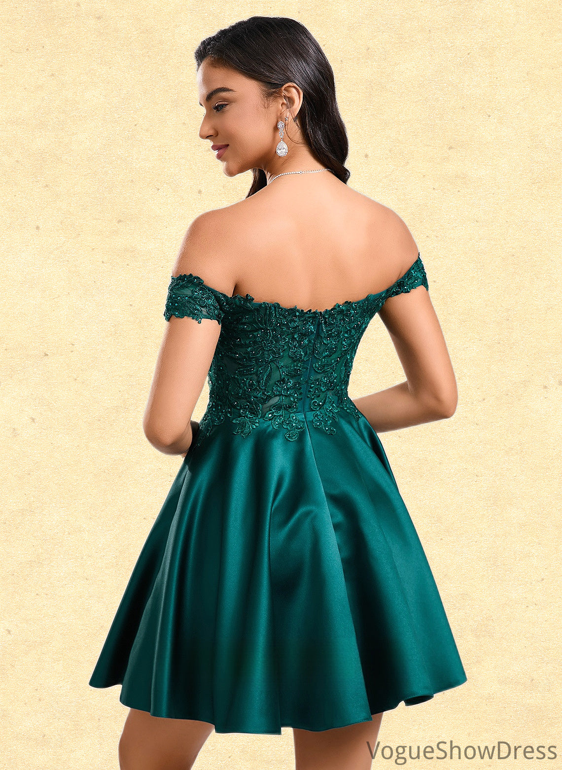 Millicent A-line Off the Shoulder Short Lace Satin Homecoming Dress With Rhinestone DLP0025718