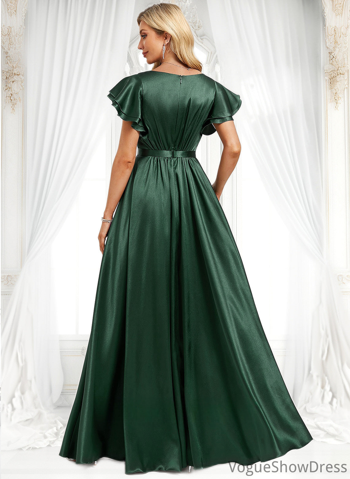 Cali A-line Scoop Floor-Length Stretch Satin Bridesmaid Dress With Ruffle DLP0025770