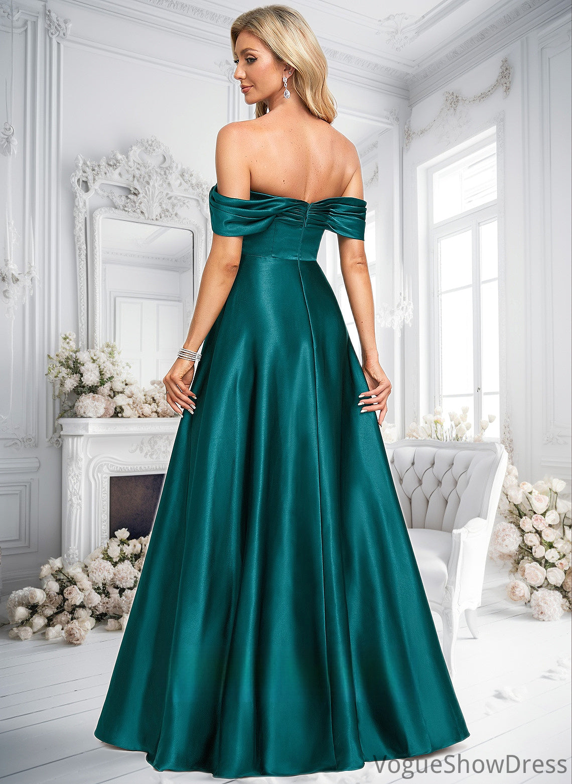 Yaretzi A-line Off the Shoulder Floor-Length Stretch Satin Prom Dresses DLP0025879