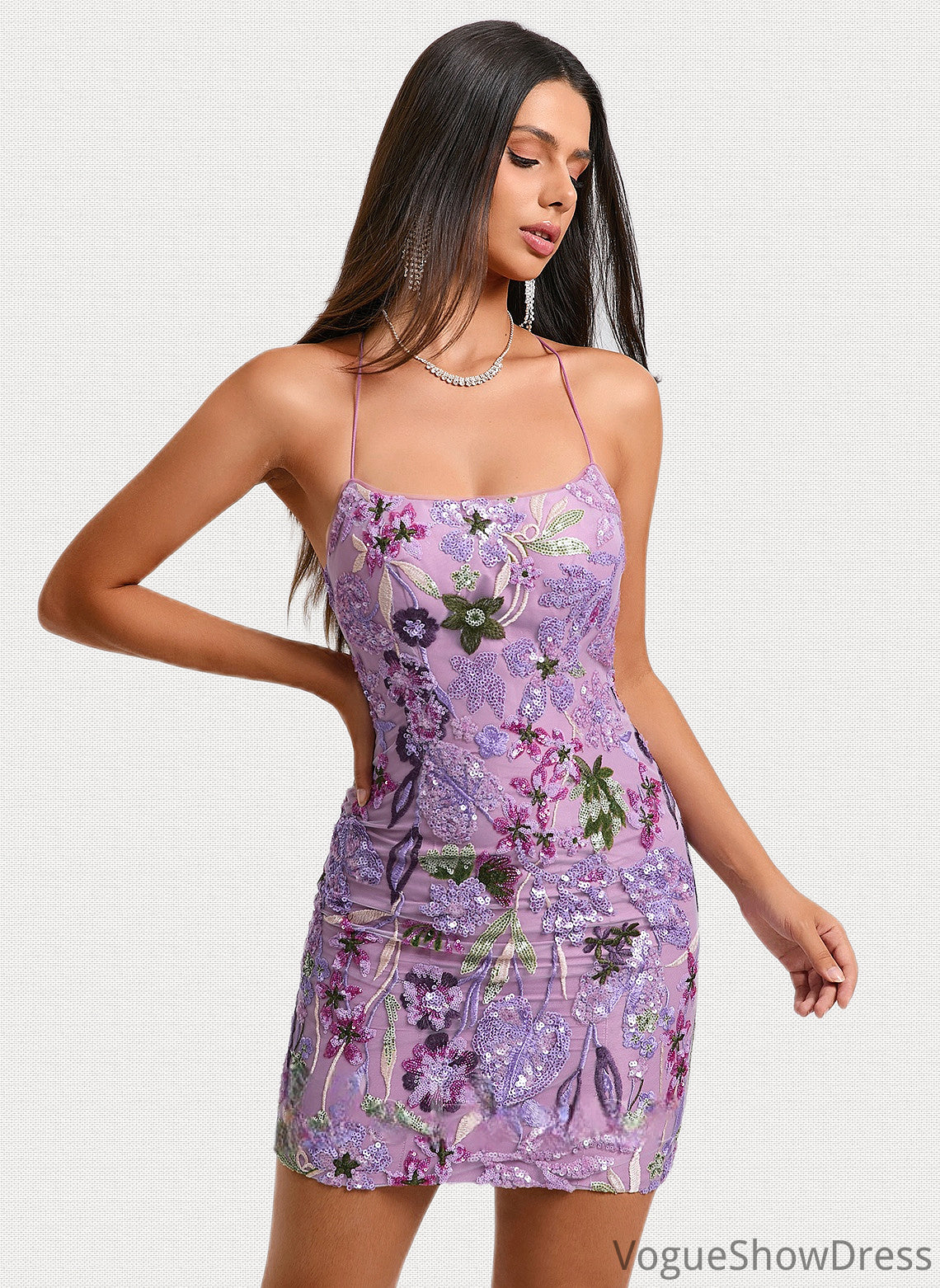 Hortensia Bodycon Scoop Mini Lace Floral Homecoming Dress With Sequins Embroidered DLP0025660