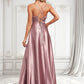 Frida A-line V-Neck Floor-Length Stretch Satin Bridesmaid Dress DLP0025822