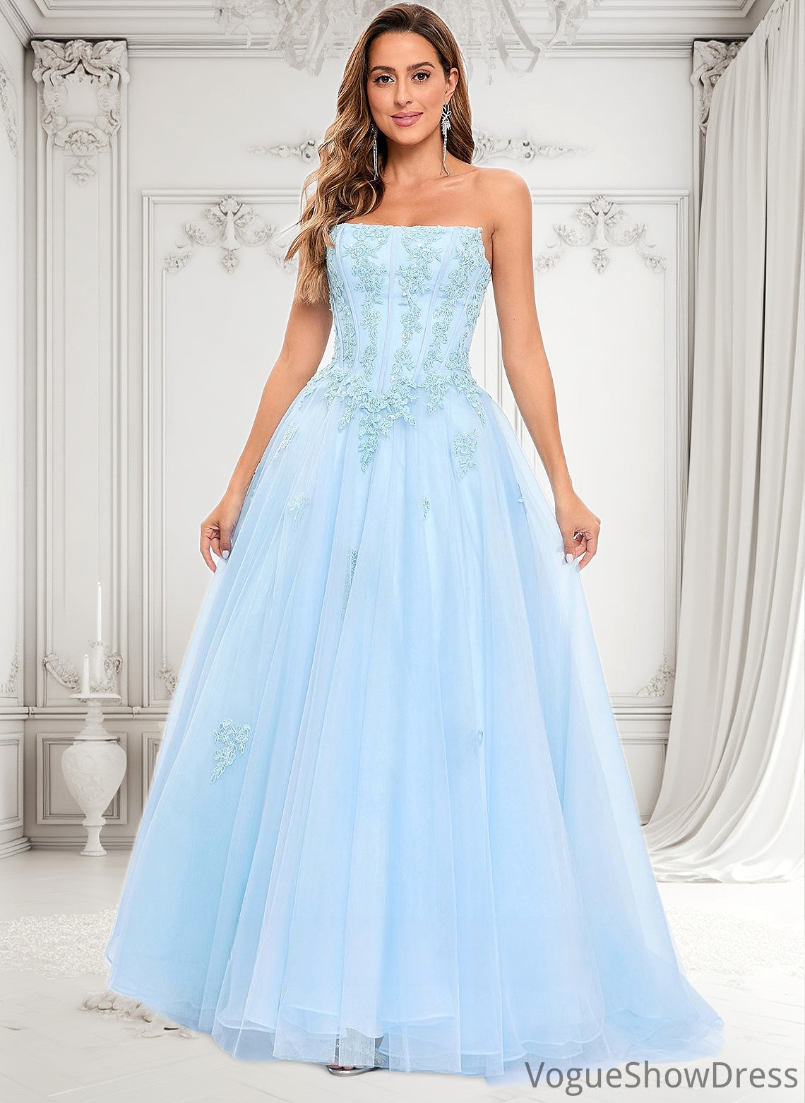 Natalia Ball-Gown/Princess Straight Sweep Train Tulle Prom Dresses With Sequins Appliques Lace DLP0025864