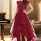 Scarlett A-line Off the Shoulder Asymmetrical Lace Tulle Homecoming Dress With Beading Bow Sequins DLP0020535