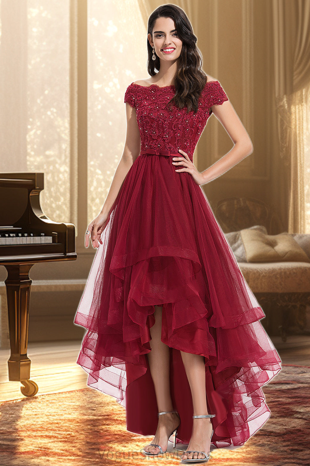 Scarlett A-line Off the Shoulder Asymmetrical Lace Tulle Homecoming Dress With Beading Bow Sequins DLP0020535