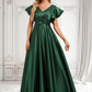 Milagros A-line V-Neck Floor-Length Satin Bridesmaid Dress With Ruffle DLP0025777