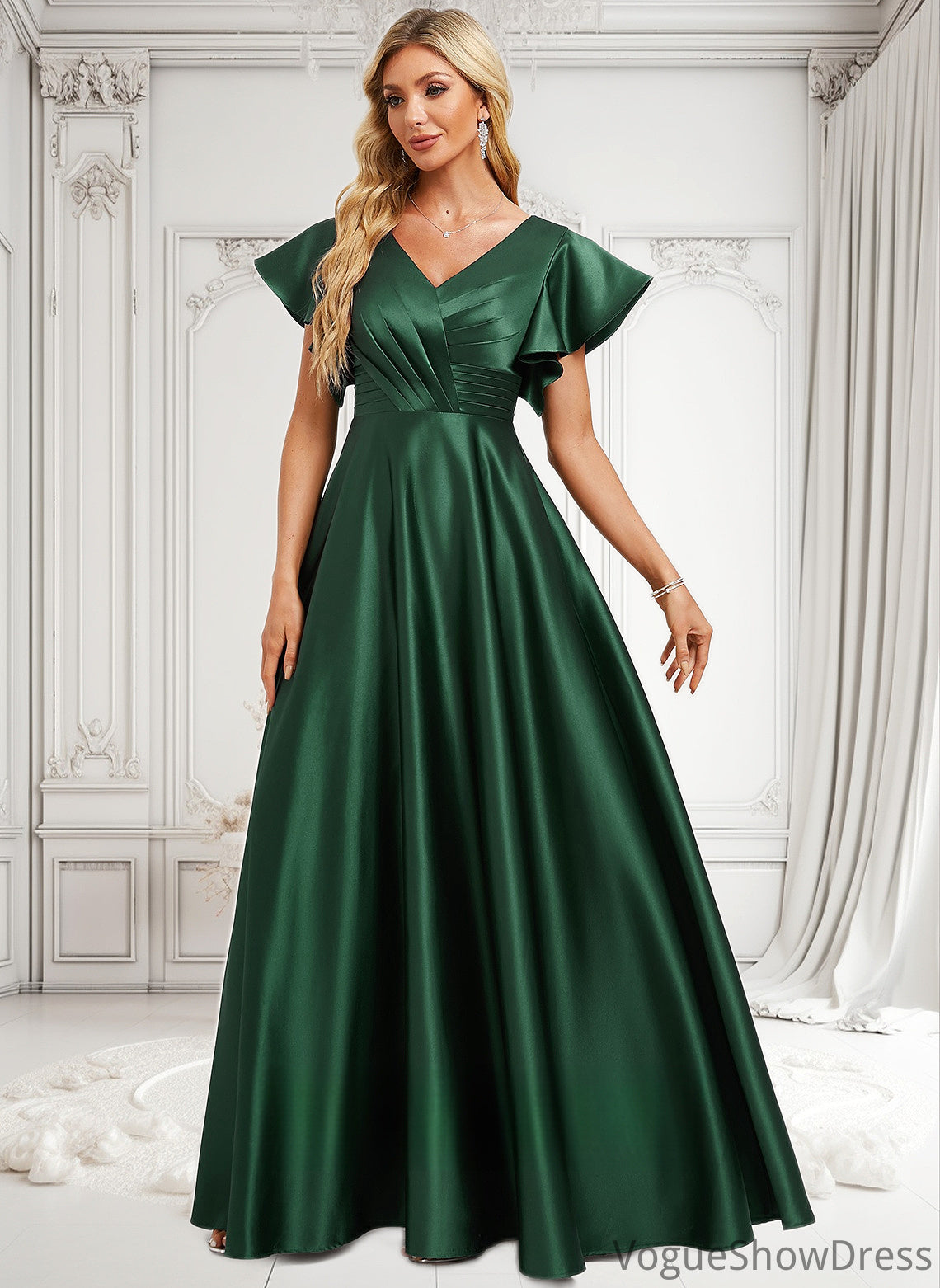 Milagros A-line V-Neck Floor-Length Satin Bridesmaid Dress With Ruffle DLP0025777