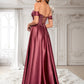 Gemma A-line Off the Shoulder Floor-Length Satin Lace Prom Dresses With Sequins DLP0025841