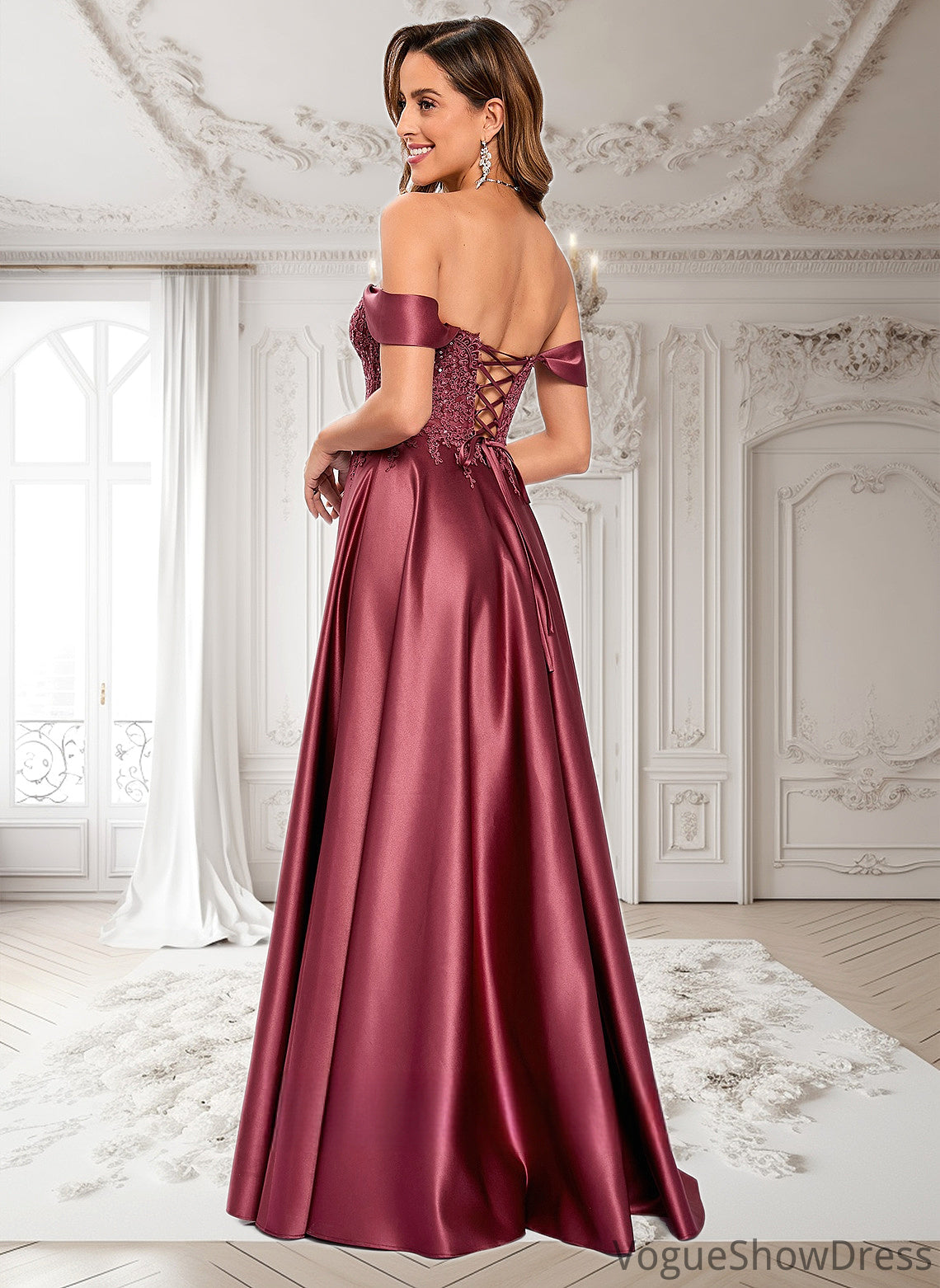 Gemma A-line Off the Shoulder Floor-Length Satin Lace Prom Dresses With Sequins DLP0025841