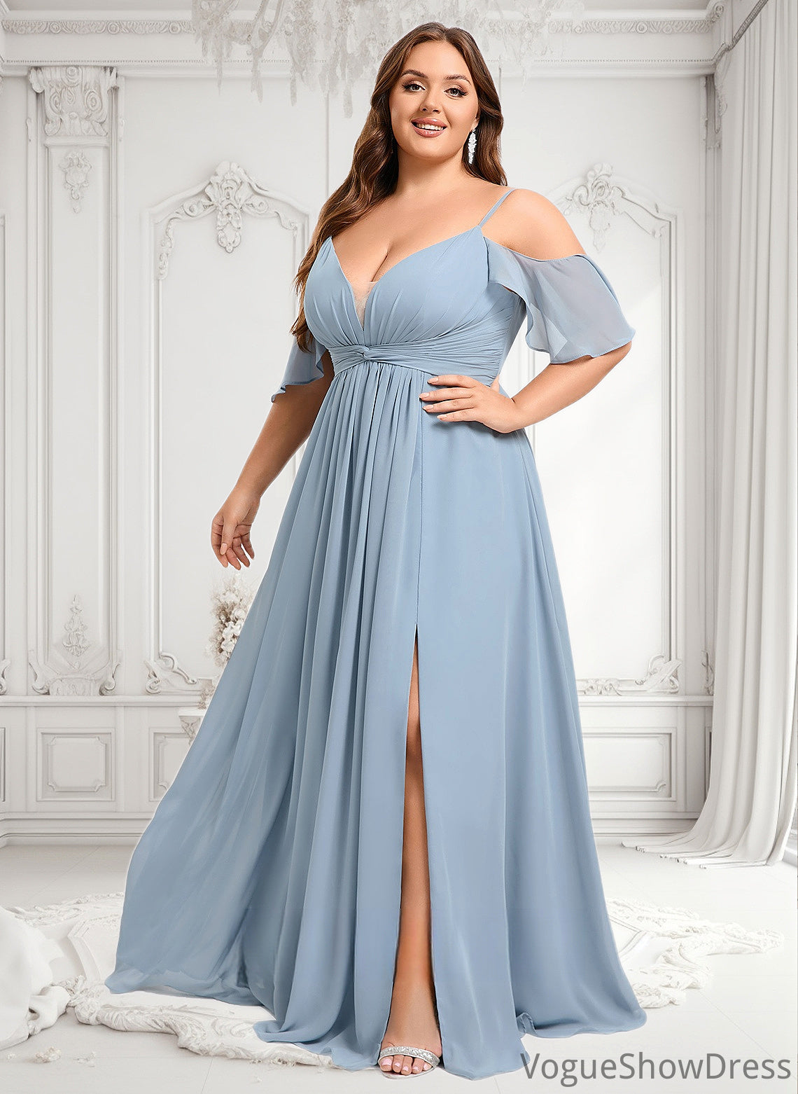 Sophie A-line Cold Shoulder Floor-Length Chiffon Bridesmaid Dress With Ruffle DLP0025797