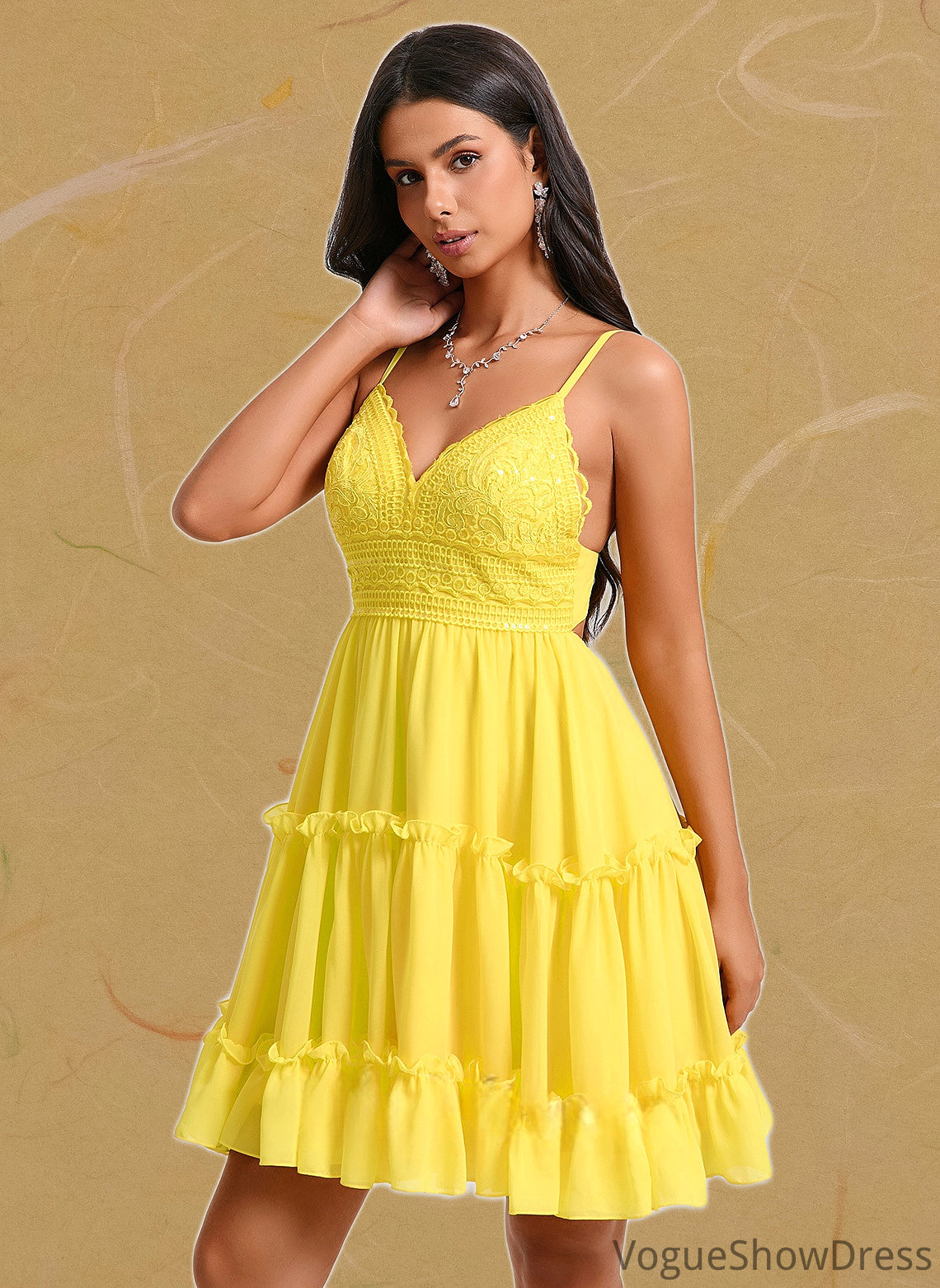 Makena A-line V-Neck Short Chiffon Homecoming Dress With Ruffle Sequins DLP0025700