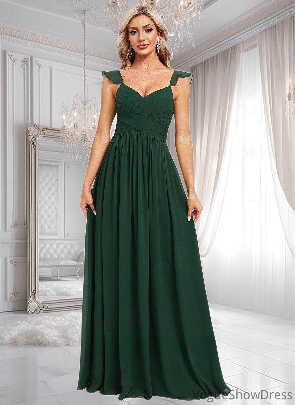 Lara A-line V-Neck Floor-Length Chiffon Bridesmaid Dress With Ruffle DLP0025811