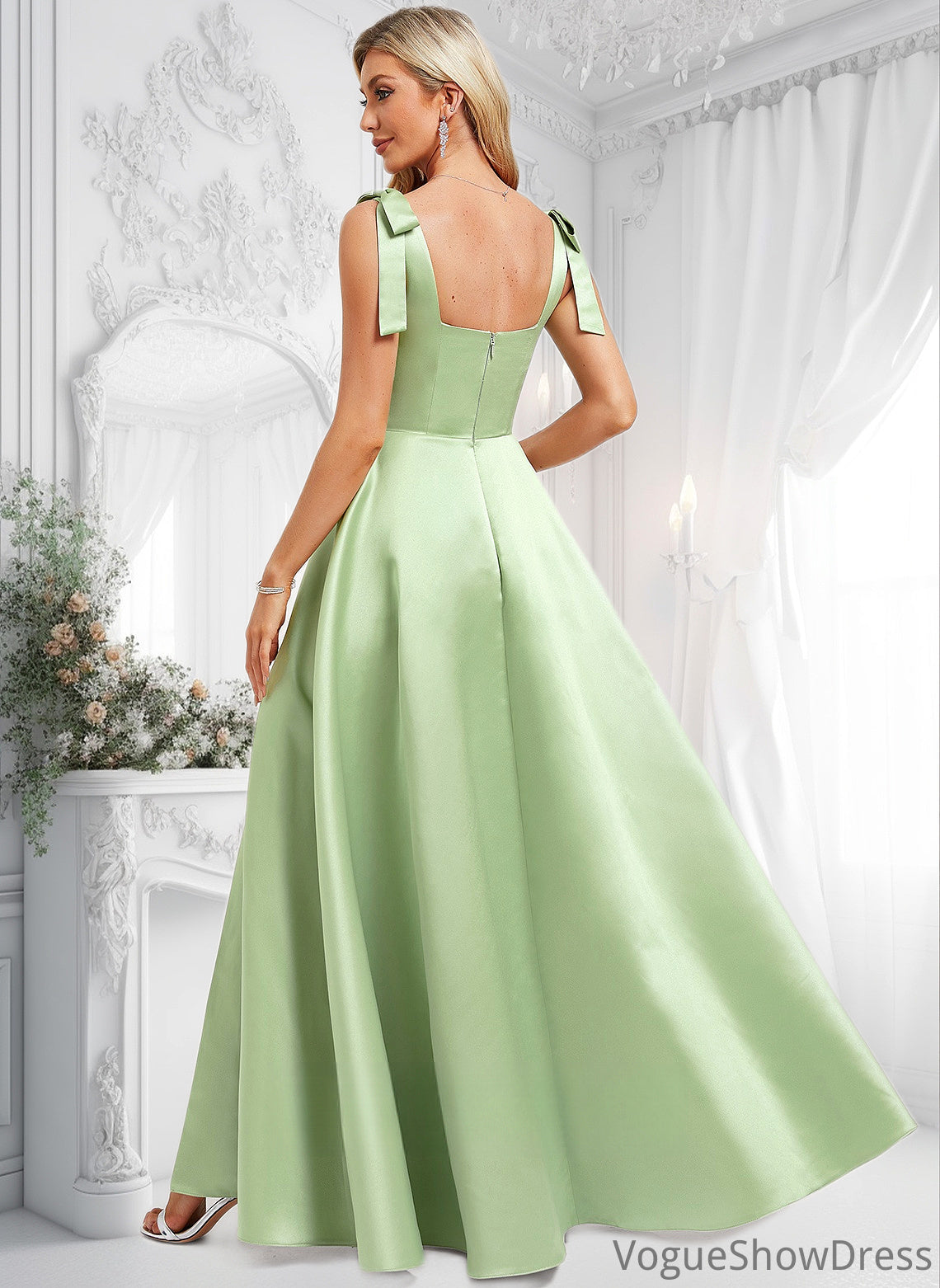 Rosalyn A-line Square Floor-Length Satin Bridesmaid Dress With Bow DLP0025778