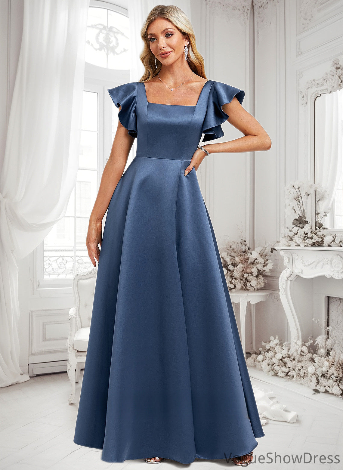 Everleigh A-line Square Floor-Length Satin Bridesmaid Dress With Ruffle DLP0025774