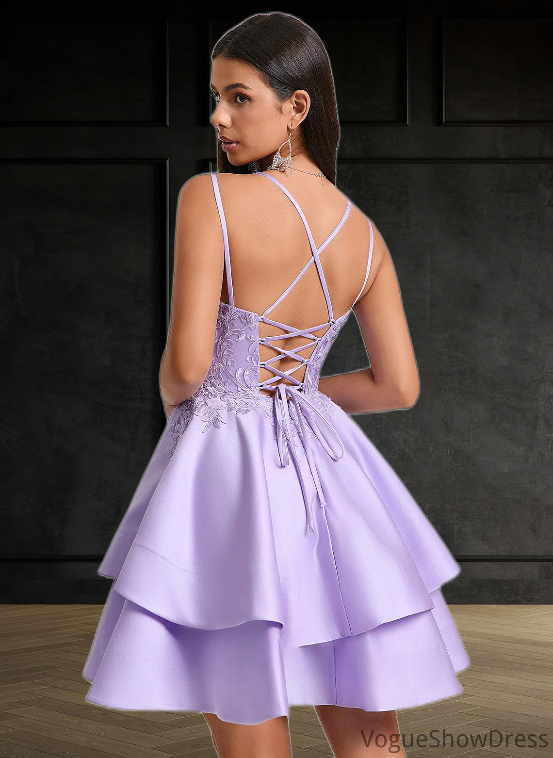 Sophia A-line V-Neck Short Satin Homecoming Dress With Appliques Lace DLP0025692