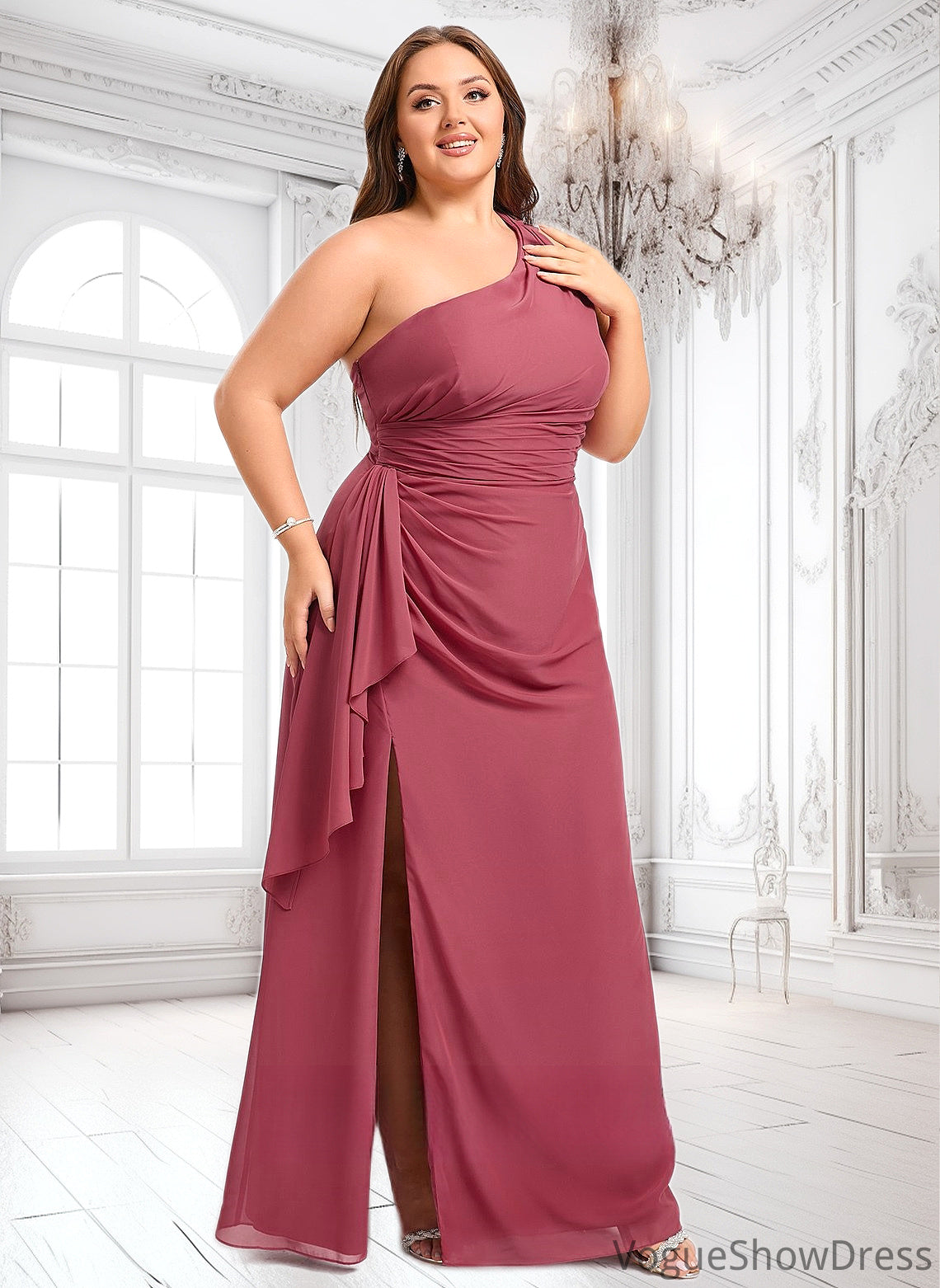 Lara A-line One Shoulder Floor-Length Chiffon Bridesmaid Dress With Ruffle DLP0025824