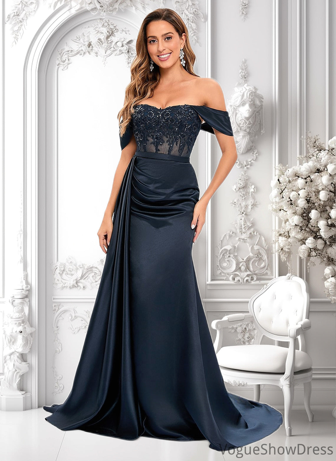 Shelby Trumpet/Mermaid Off the Shoulder Sweep Train Satin Prom Dresses With Sequins Appliques Lace DLP0025835