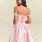 Camryn A-line Off the Shoulder Short Satin Homecoming Dress With Rhinestone Beading Appliques Lace DLP0025679