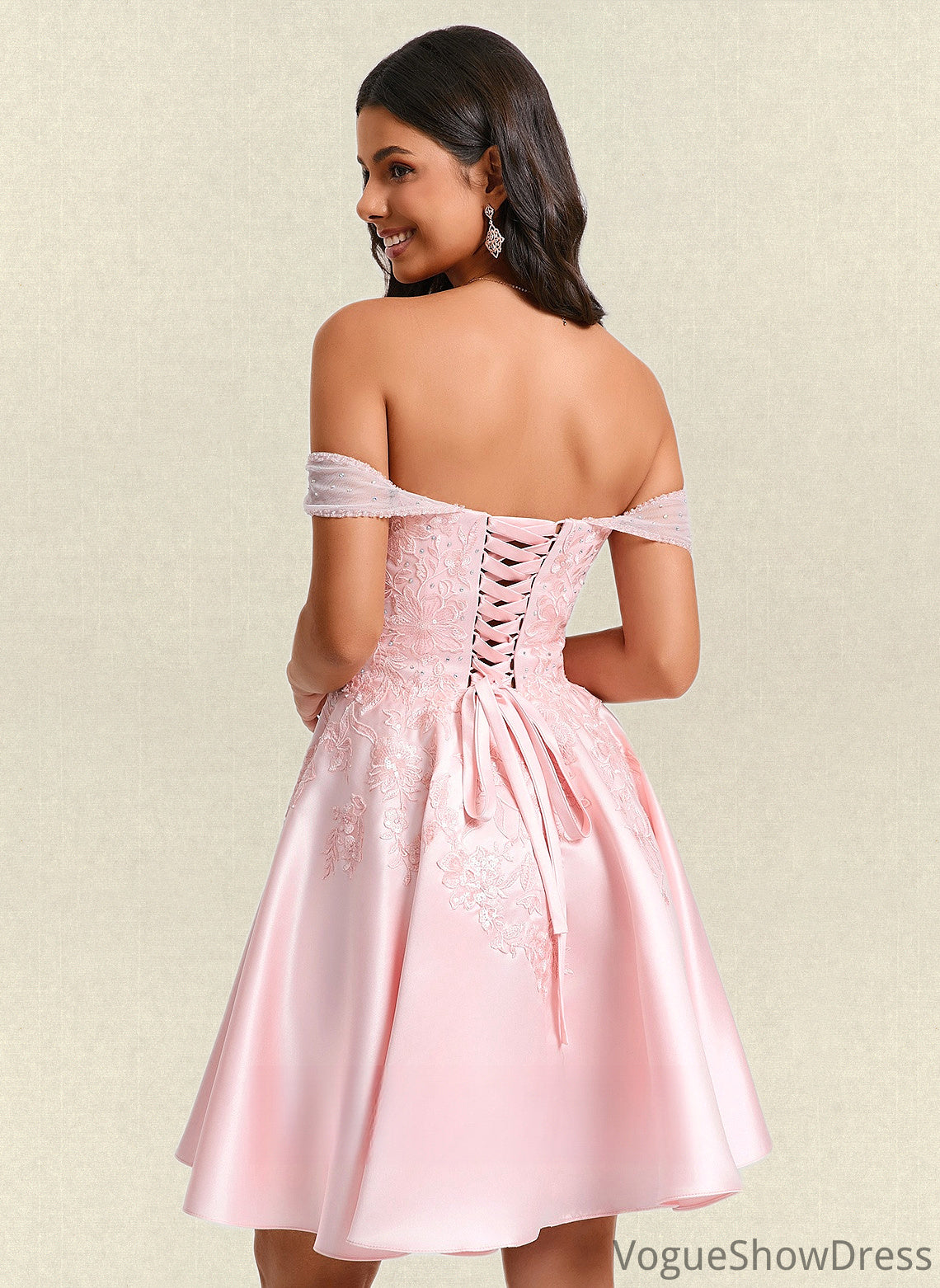 Camryn A-line Off the Shoulder Short Satin Homecoming Dress With Rhinestone Beading Appliques Lace DLP0025679