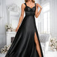 Bridget A-line V-Neck Floor-Length Stretch Satin Prom Dresses With Bow DLP0025882