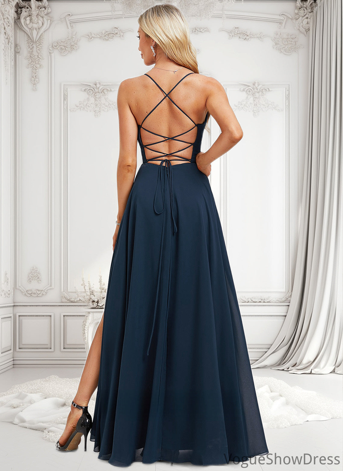 Sam A-line V-Neck Floor-Length Chiffon Prom Dresses With Pleated DLP0025830