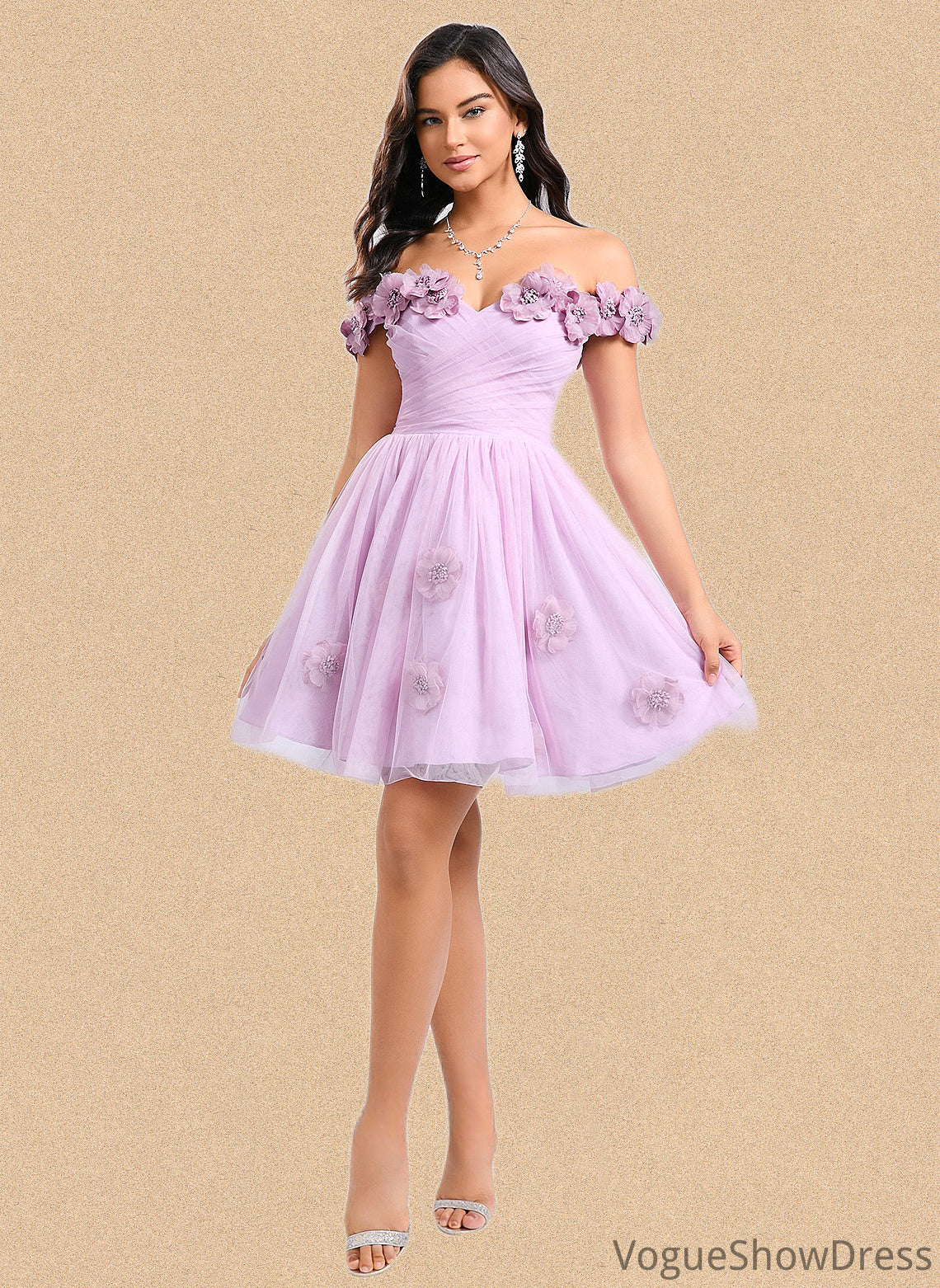 Janiya Ball-Gown/Princess Off the Shoulder Short Tulle Homecoming Dress With Pleated Flower DLP0025668