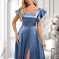 Ashlee A-line Square Floor-Length Stretch Satin Bridesmaid Dress With Ruffle DLP0025769