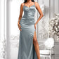 Adrianna A-line V-Neck Floor-Length Stretch Satin Bridesmaid Dress DLP0025728