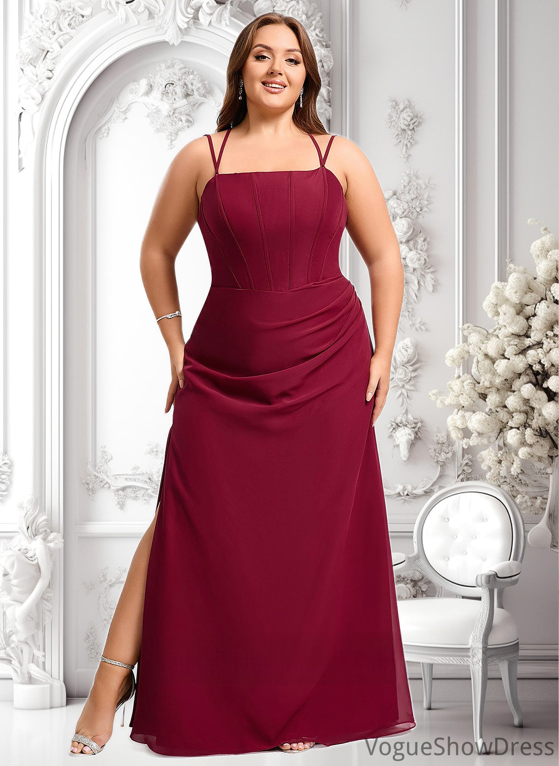 Ruby Trumpet/Mermaid Square Floor-Length Chiffon Bridesmaid Dress DLP0025826