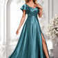 Nadine A-line V-Neck Floor-Length Stretch Satin Bridesmaid Dress With Ruffle DLP0025780