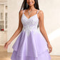 Monica A-line V-Neck Short Satin Homecoming Dress With Appliques Lace DLP0025696