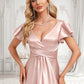 Lilith A-line V-Neck Floor-Length Stretch Satin Bridesmaid Dress With Ruffle DLP0025787