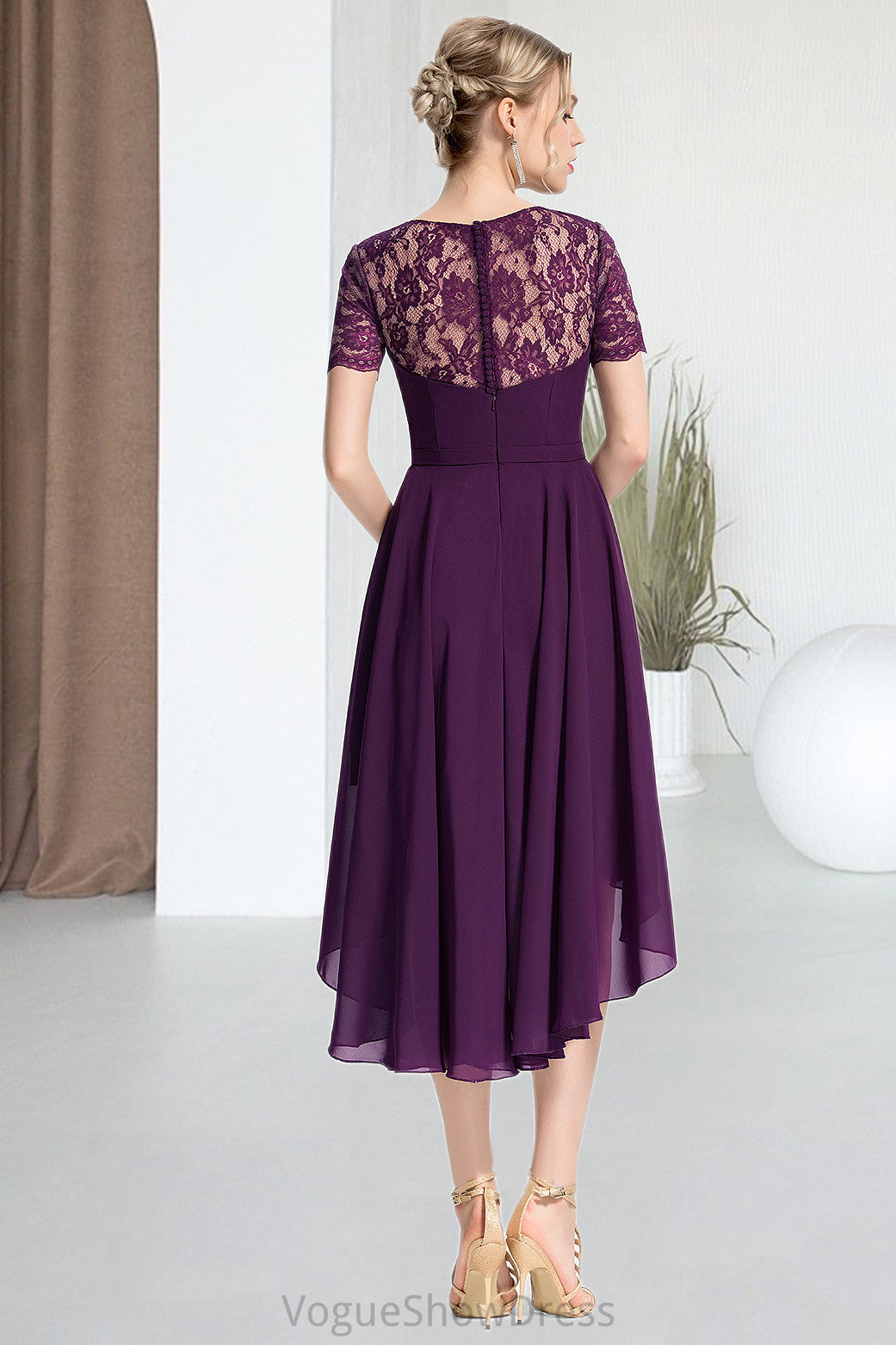 Elizabeth A-line Scoop Asymmetrical Chiffon Lace Homecoming Dress DLP0020587