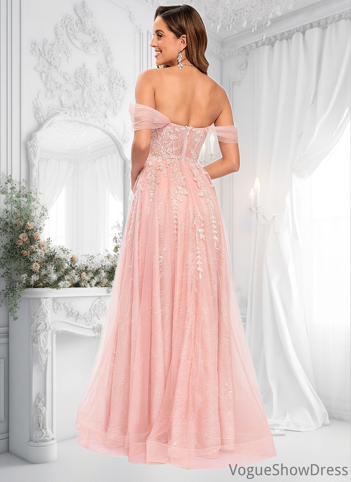 Talia A-line Sweetheart Off the Shoulder Floor-Length Tulle Floral Lace Prom Dresses With Appliques Lace DLP0025870