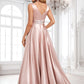 Valery A-line V-Neck Floor-Length Stretch Satin Bridesmaid Dress DLP0025779