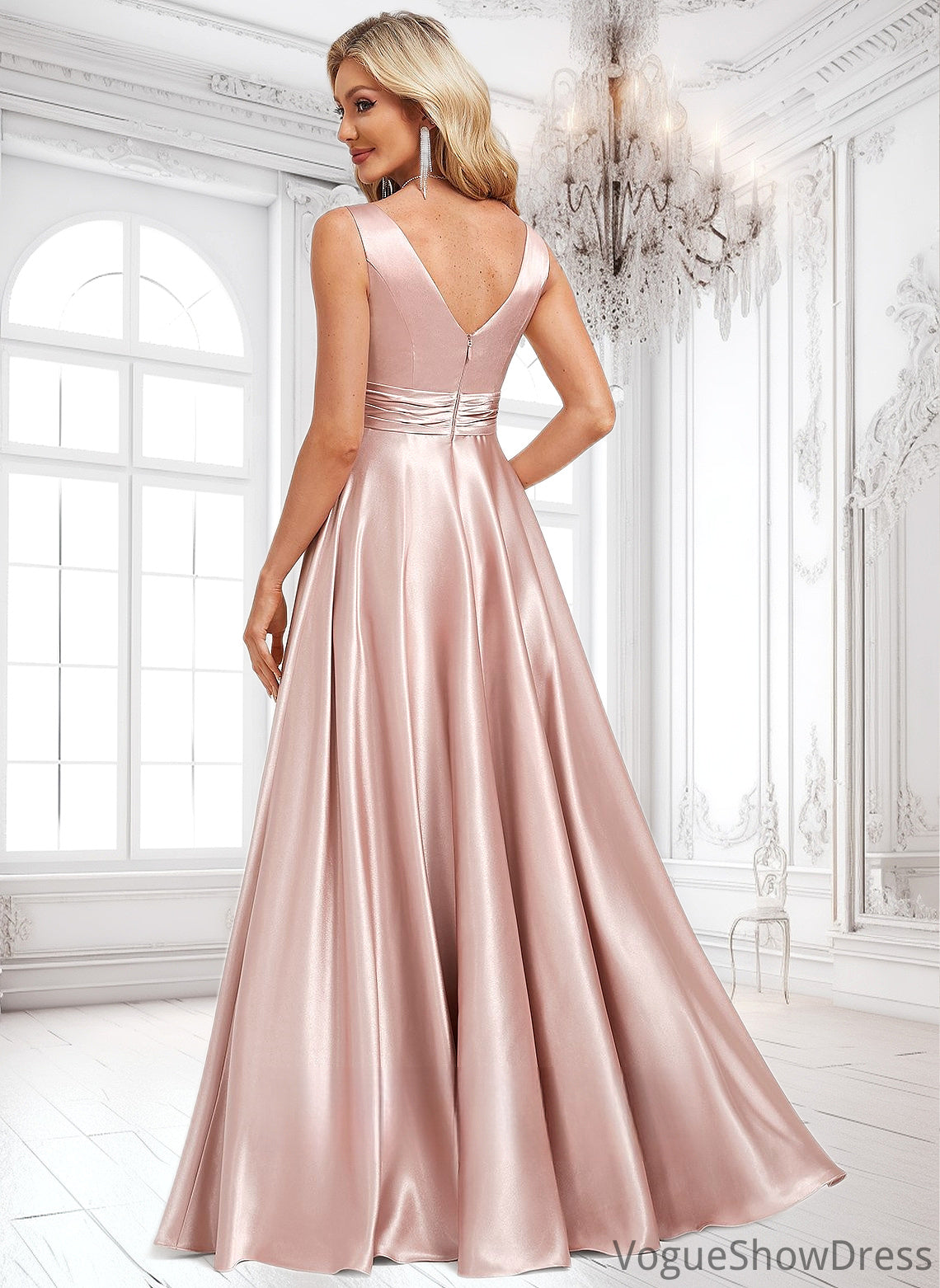 Valery A-line V-Neck Floor-Length Stretch Satin Bridesmaid Dress DLP0025779