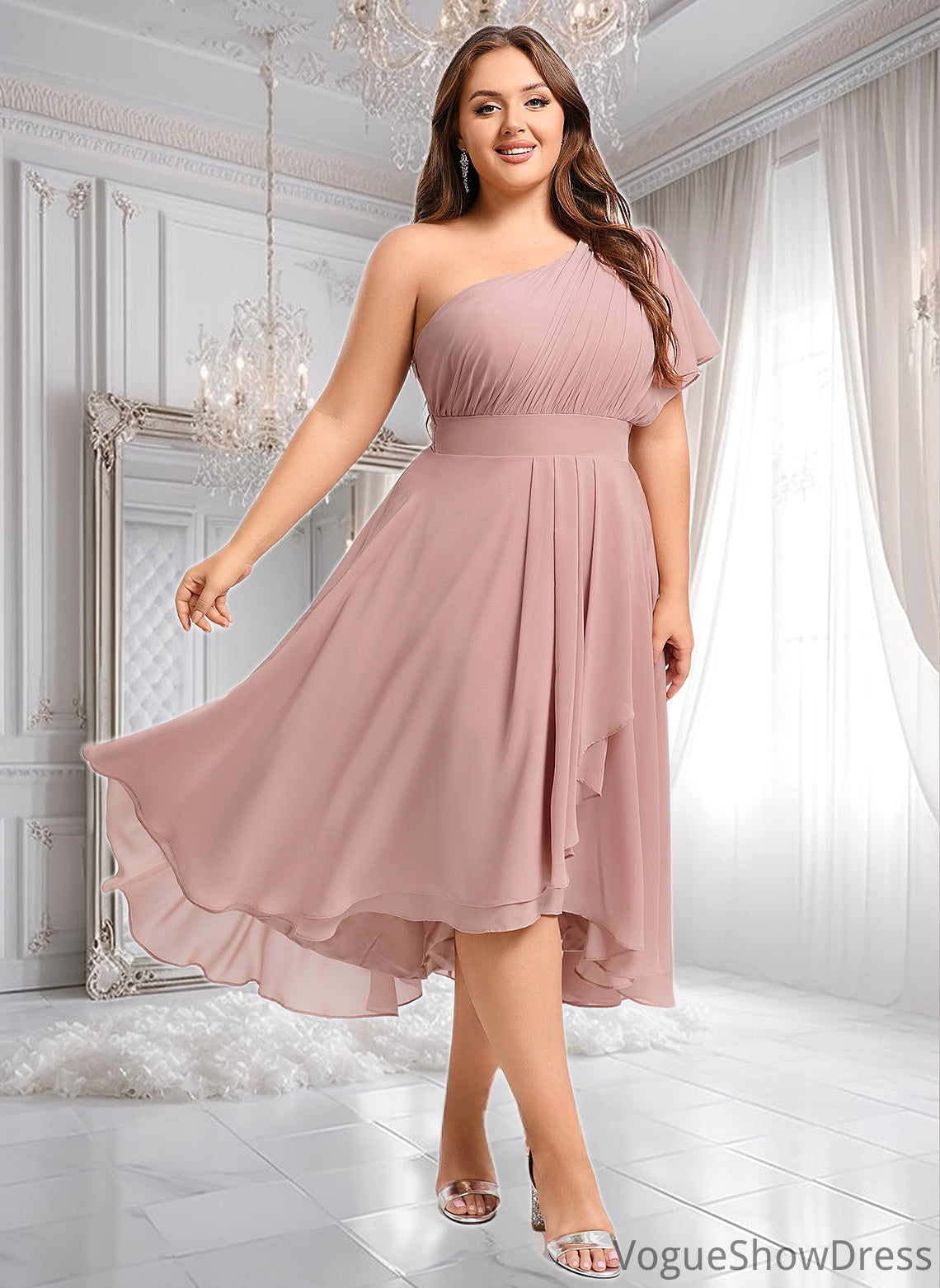 Kitty A-line One Shoulder Asymmetrical Chiffon Bridesmaid Dress With Ruffle DLP0025819