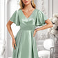 Tina A-line V-Neck Asymmetrical Stretch Satin Bridesmaid Dress With Ruffle DLP0025772