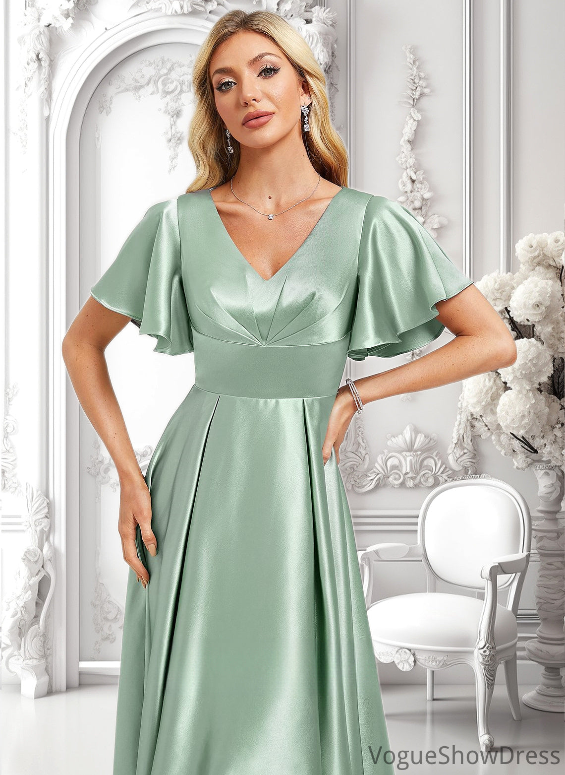 Tina A-line V-Neck Asymmetrical Stretch Satin Bridesmaid Dress With Ruffle DLP0025772