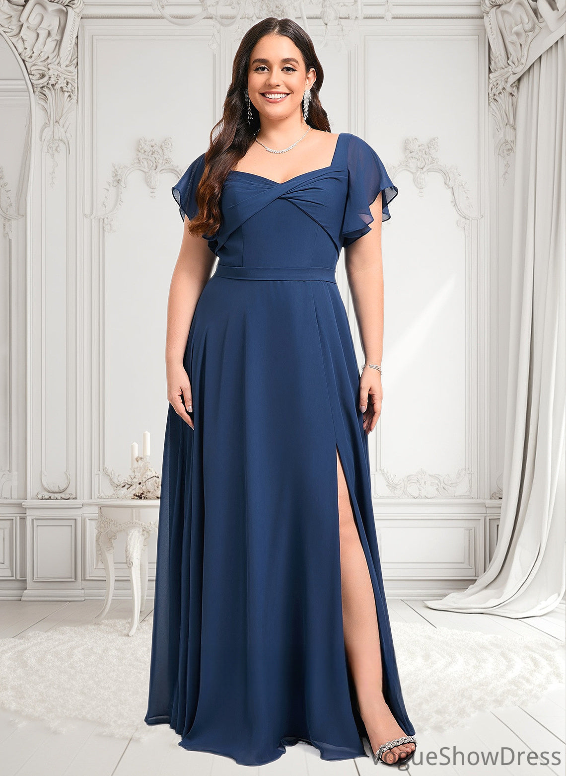 Tiana A-line V-Neck Floor-Length Chiffon Bridesmaid Dress With Ruffle DLP0025802