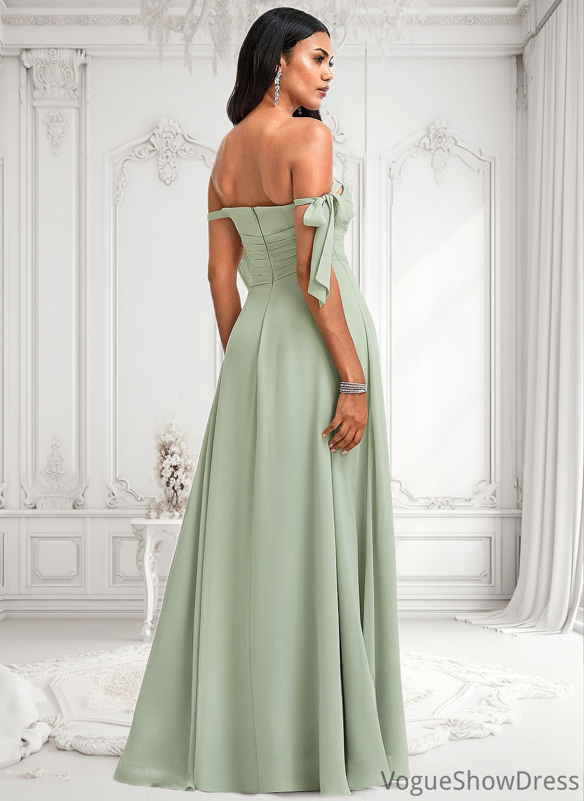 Samantha A-line Cowl Floor-Length Chiffon Bridesmaid Dress With Bow DLP0025738