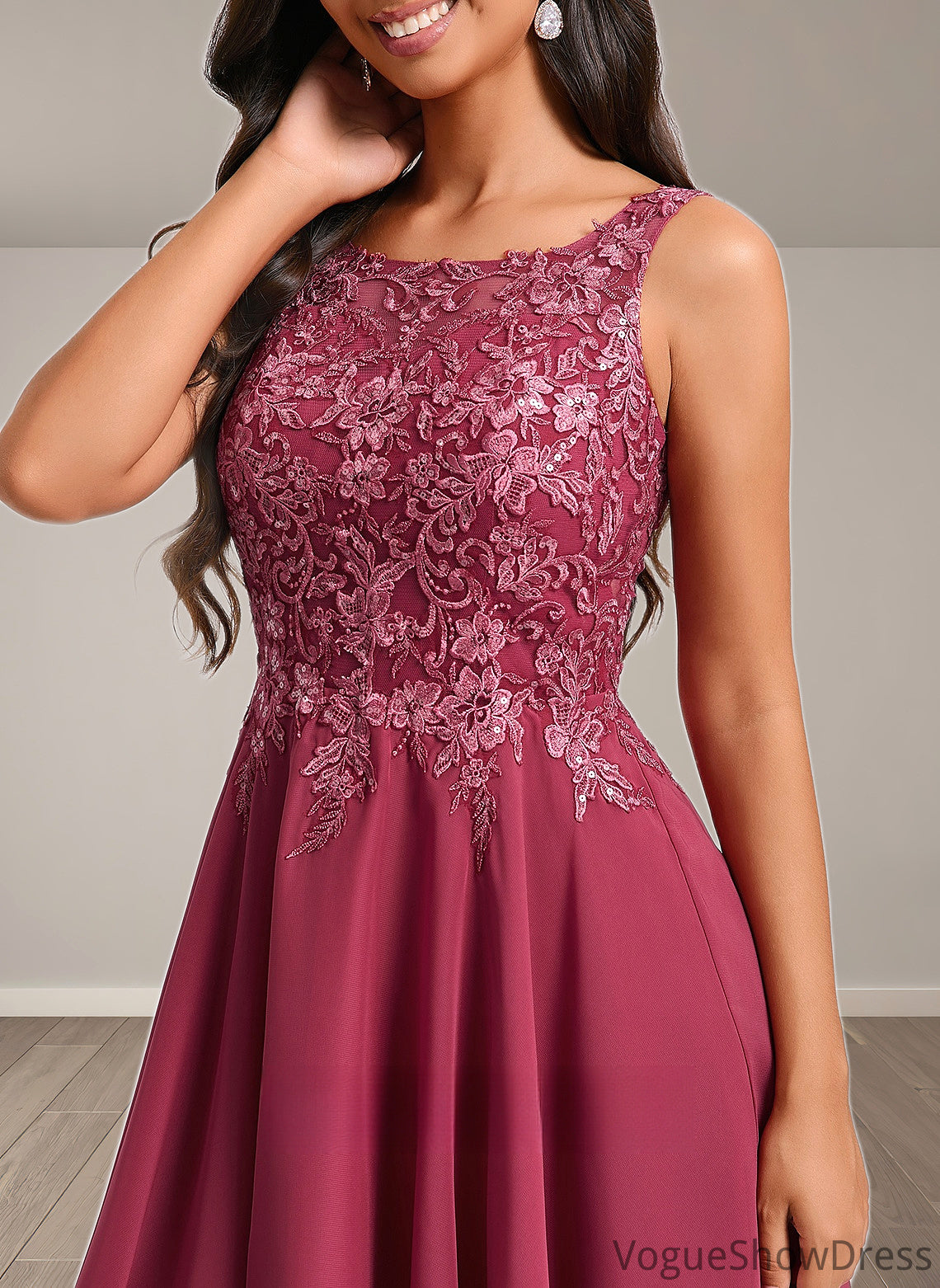 Vivien A-line Scoop Short Chiffon Homecoming Dress With Sequins Appliques Lace DLP0025681