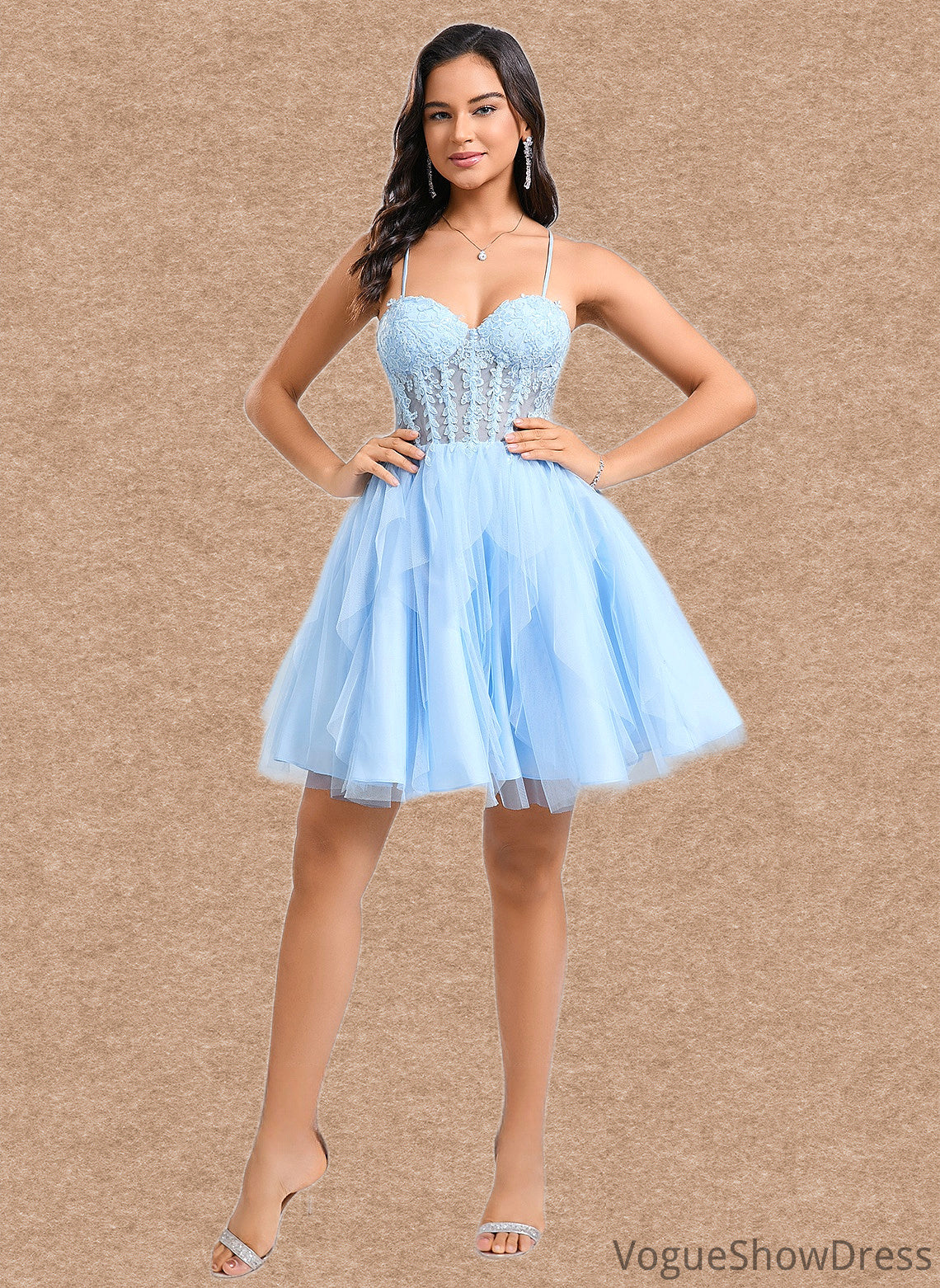 Raelynn Ball-Gown/Princess Sweetheart Short Lace Tulle Homecoming Dress With Ruffle DLP0025707