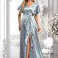 Sandy A-line V-Neck Floor-Length Stretch Satin Bridesmaid Dress With Ruffle DLP0025767