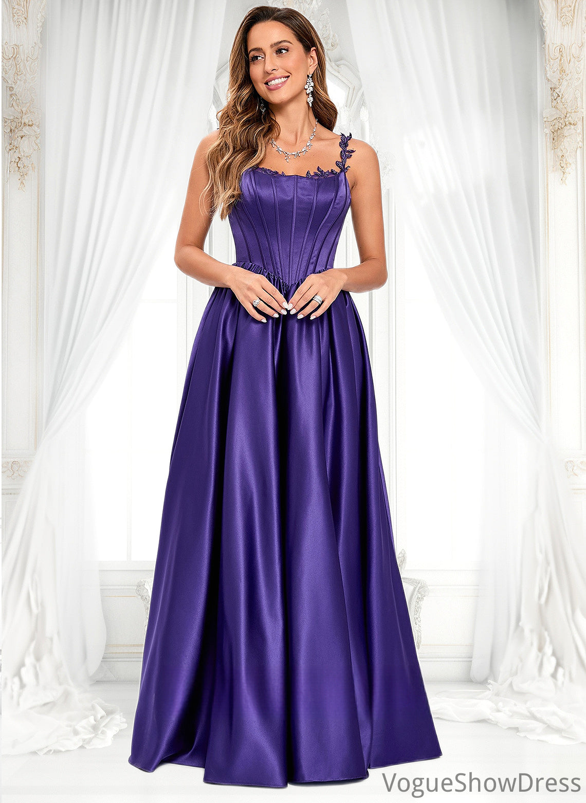 Lori Ball-Gown/Princess Scoop Floor-Length Satin Prom Dresses With Appliques Lace Beading DLP0025865