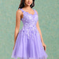 Diamond Ball-Gown/Princess V-Neck Short Lace Tulle Homecoming Dress With Flower DLP0025656