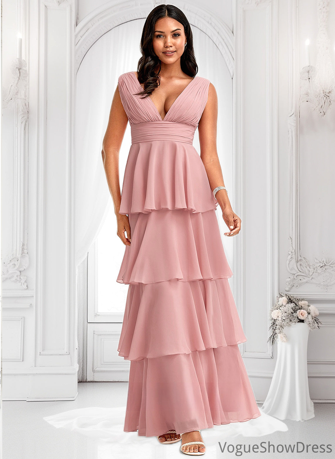 Aliza A-line V-Neck Floor-Length Chiffon Bridesmaid Dress DLP0025749