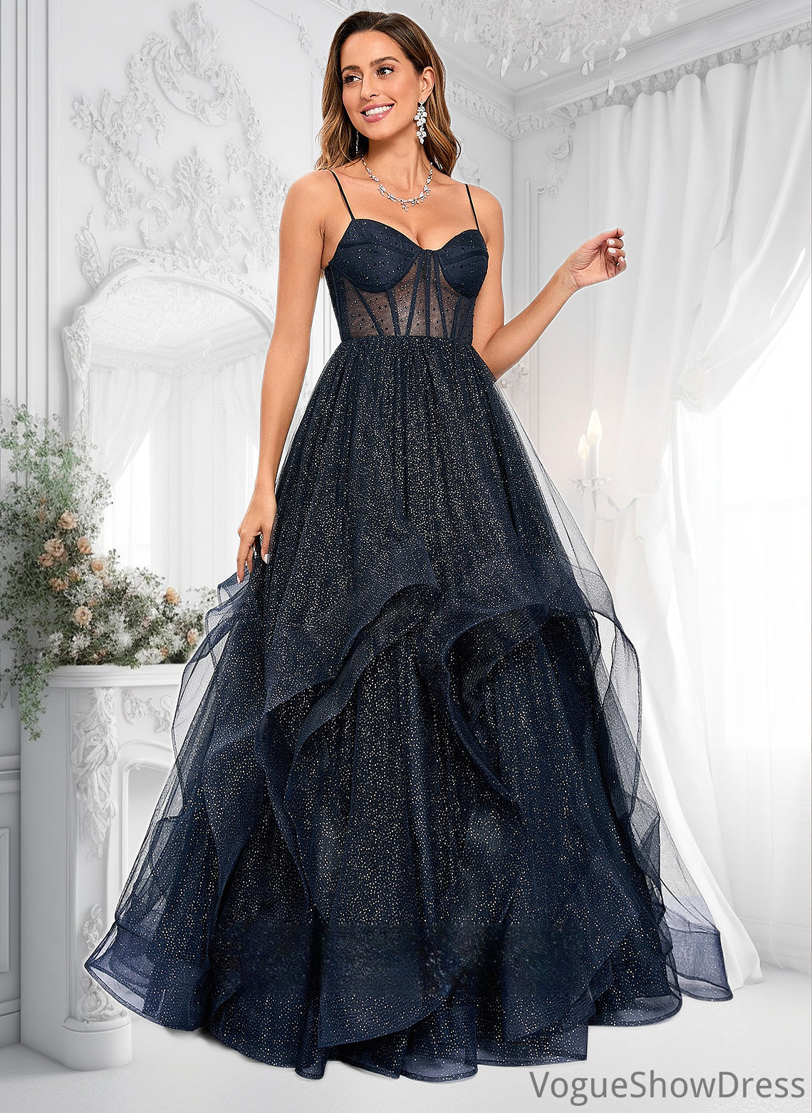 Kaia Ball-Gown/Princess V-Neck Floor-Length Tulle Prom Dresses DLP0025863