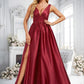 Quinn A-line V-Neck Floor-Length Satin Bridesmaid Dress DLP0025775